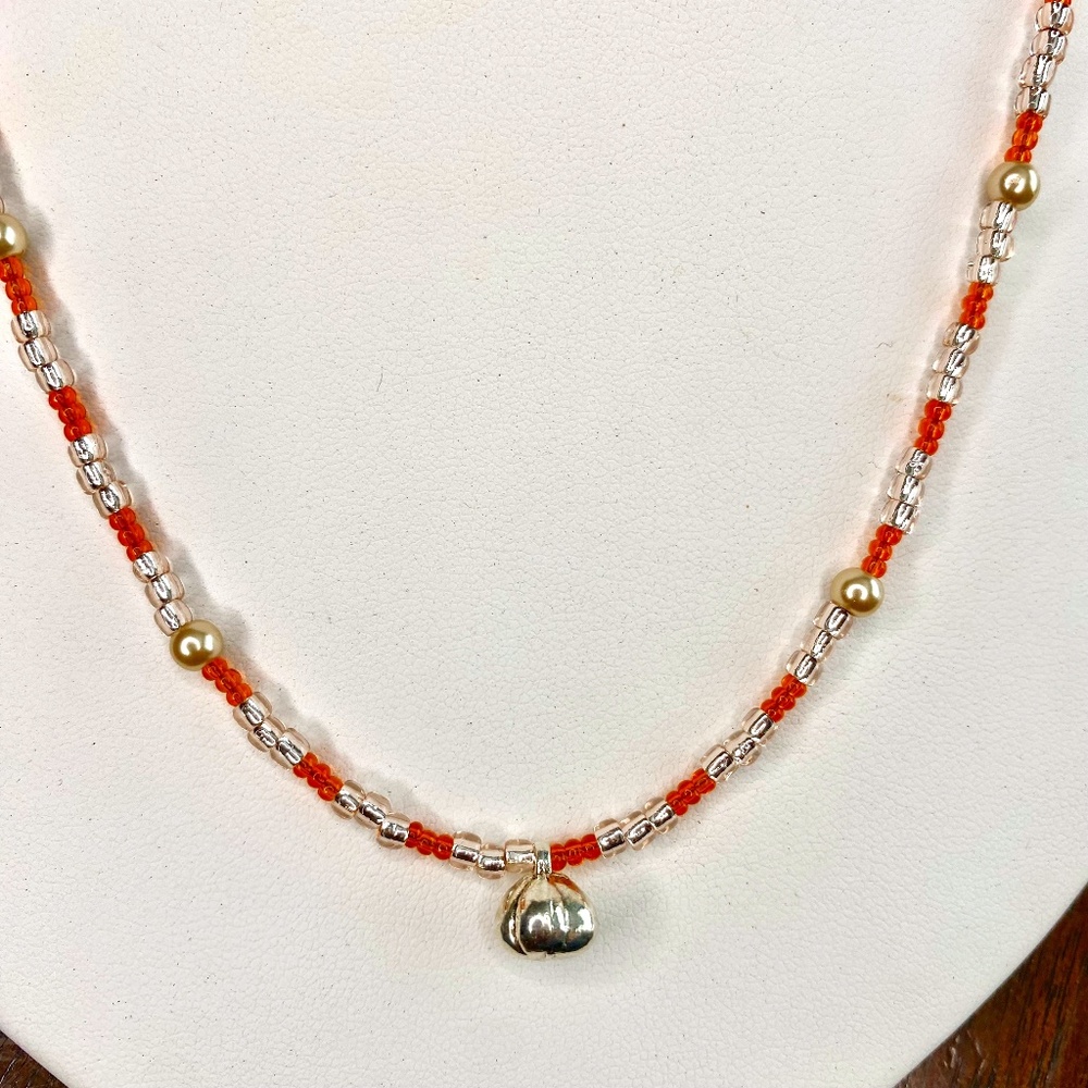 Pumpkin Pendant Orange, Champagne & Pearl Beaded Necklace